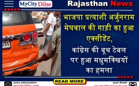 भाजपा प्रत्याशी अर्जुनराम मेघवाल की गाड़ी का हुआ एक्सीडेंट, कांग्रेस की बूथ टेबल पर हुआ मधुमक्खियों का हमला