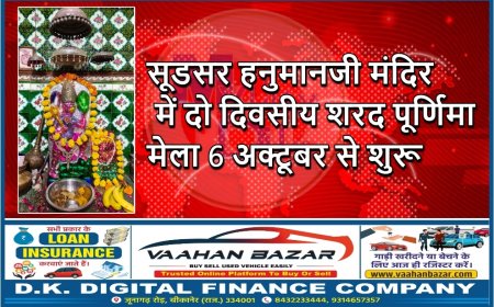 सूडसर हनुमानजी मंदिर में दो दिवसीय शरद पूर्णिमा मेला 6 अक्टूबर से शुरू