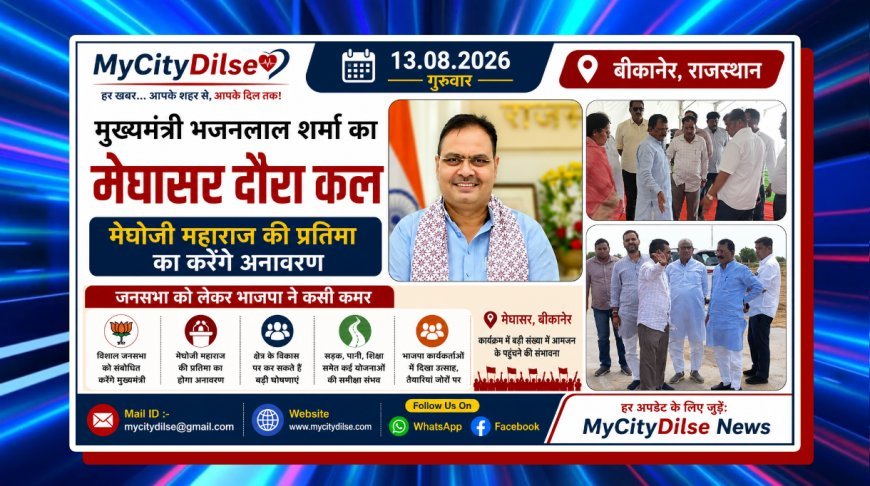 मुख्यमंत्री भजनलाल शर्मा का मेघासर दौरा कल, मेघोजी महाराज की प्रतिमा का करेंगे अनावरण; जनसभा को लेकर भाजपा ने कसी कमर